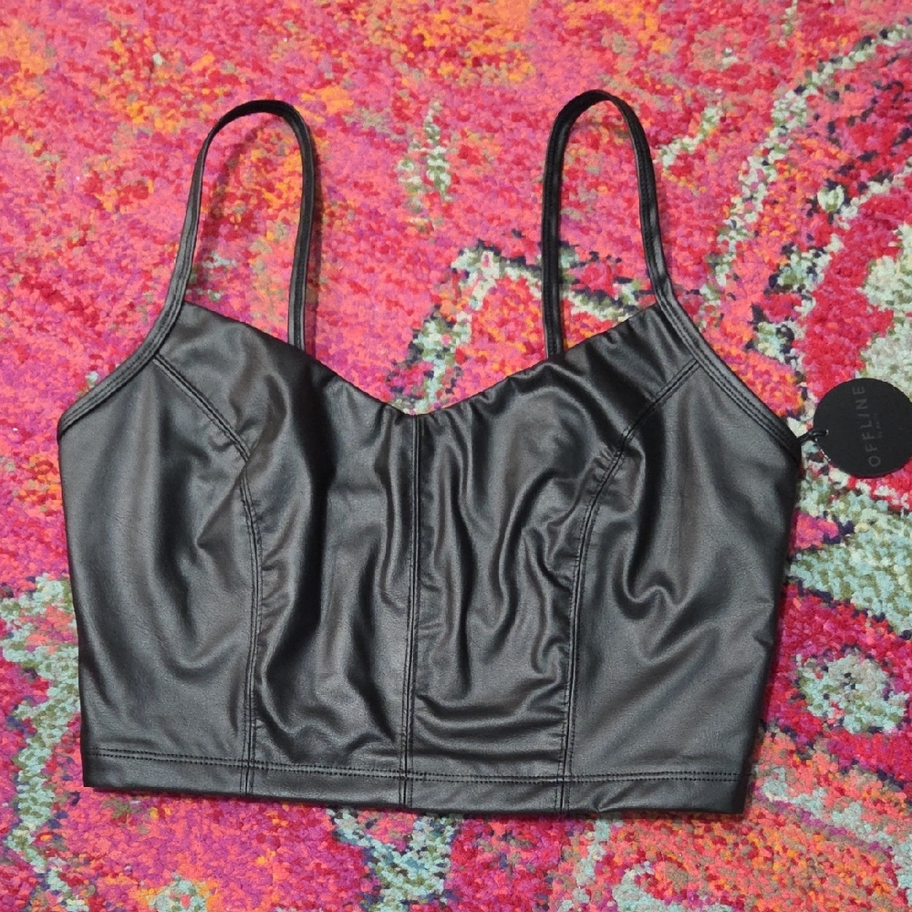 OFFLINE By Aerie Real Luxe Recharge Faux Leather Black Crop Top | Size Small